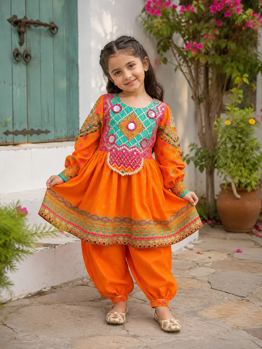 Citrus Traditional Stylish Orange Cotton Kurta with Lace Embellishment & Majestic Puffy Sleeves for All Seasons