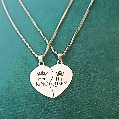 Stainless Steel King-Queen Crown Alphabet Letter Necklace Set of 2, Custom Initial Pendant, Chain Jewelry, BF-GF Couple Matching Pair, Heart Anniversary Love Gift for Women