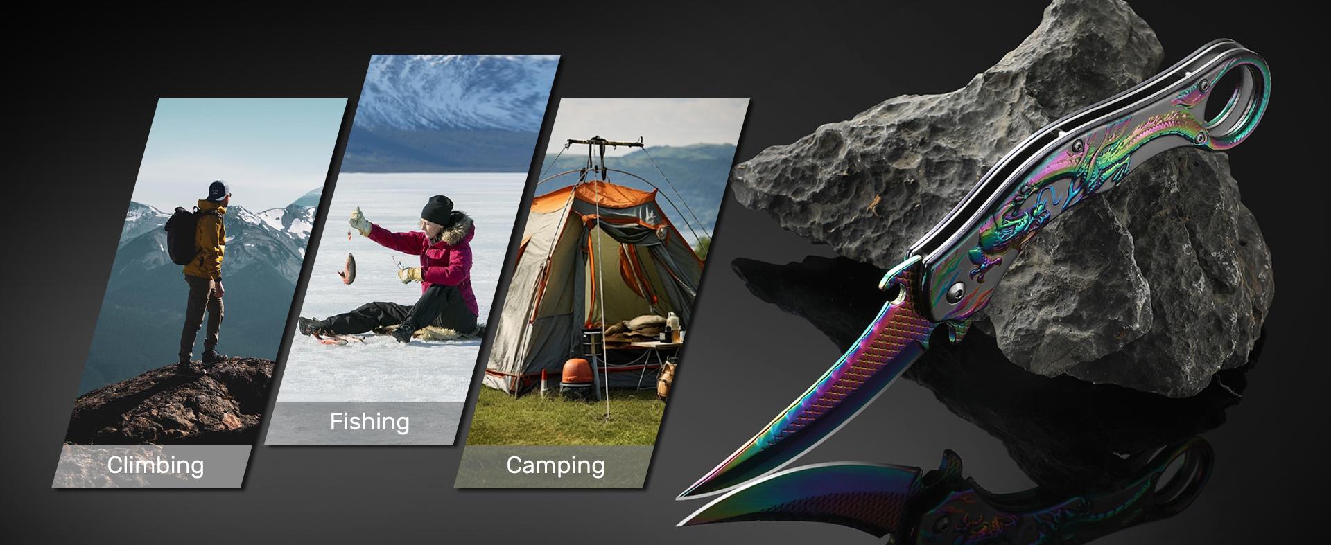 Pocket Knife,3.5" Cool Folding Knife with 3D Dragon Relief,EDC Knife with Pocket Clip and Liner Lock,Knife Gifts For Men Women,Sharp Camping Survival Hiking Knives (Rainbow)