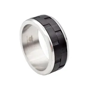 Mens Black And Silver Stainless Steel Brick Design 9mm Band Ring
