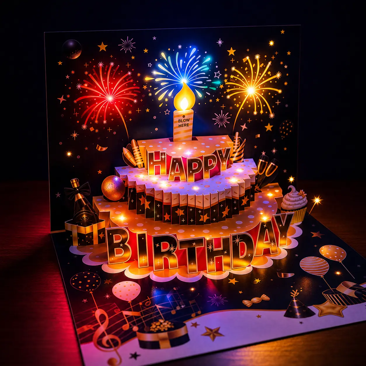 Firework Light Show 3D Birthday Card - Color Changing LEDs & Musical Pop-Up - Best Birthday Party Surprise for Teens/Bestie