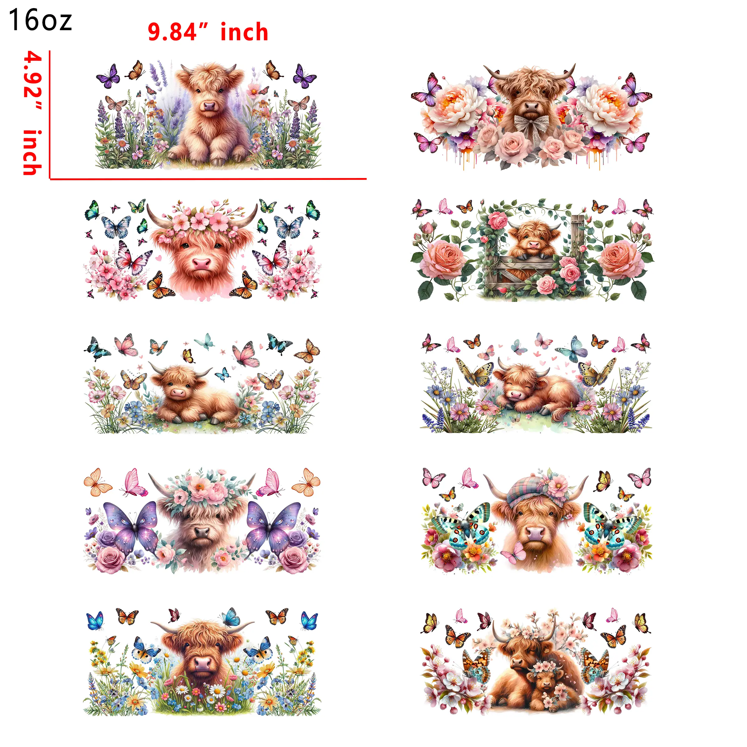 (U50) 20pcs cow 16OZ Tumbler Cup Wraps, Waterproof Fade-Resistant Decal Stickers, Vivid HD Print with Strong Adhesion, Customizable Transfers for Glass Cups, Mugs & Smooth Surfaces, DIY Art Craft Supplies