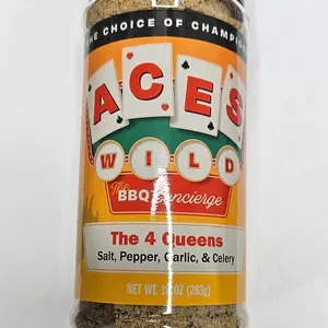 Aces Wild 4 Queens beautiful blend of Salt, Pepper, Garlic &Celery. This All Purpose rub is the most versatile AP you will find on the Market