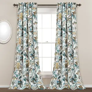 Set of 2 (84"x52") Cynthia Jacobean Light Filtering Window Curtain Panels Turquoise - Lush Décor