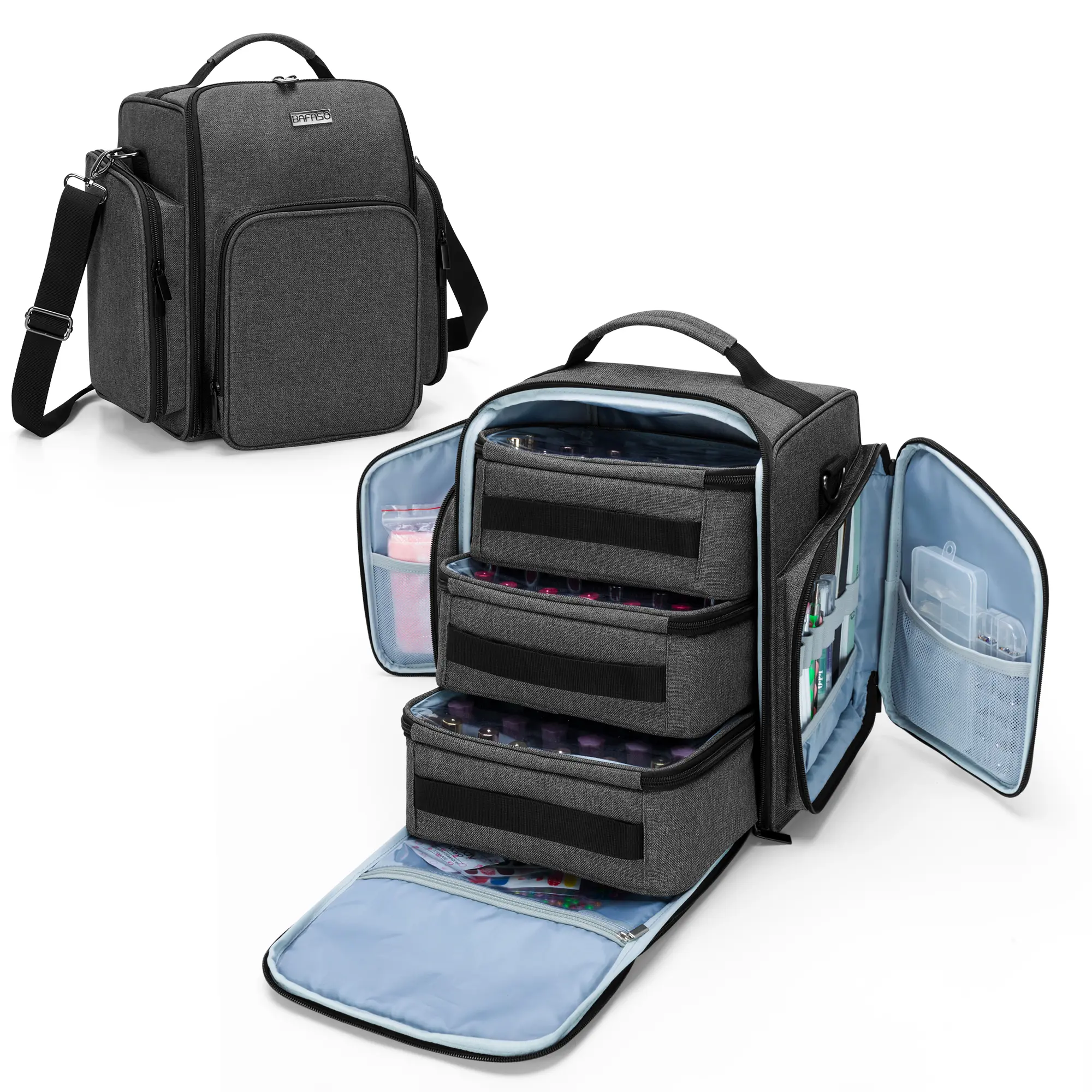 BAFASO Heavy-Duty Nylon Makeup Storage Organizer - Travel Nail Polish Case, Holds 72 x 15ml (0.5 fl.oz) Bottles, 3 Removable Adjustable Pouches, Multiple Storage Sections, Patented Design (No Accessories Included)