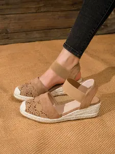 Women's Lace-Up Breathable Textile Wedge Heeled Shoes, Elegant Medium Width Design, Spring & Fall Season Footwear, Trendy Stylish Lightweight Comfort
