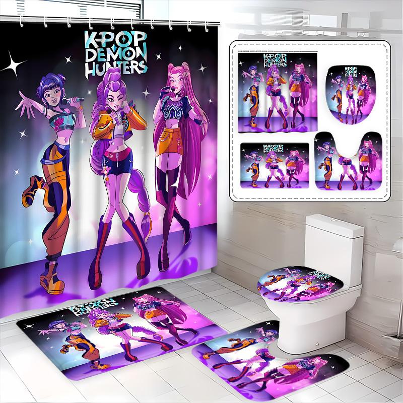 Trendy K-Pop Shower Curtain Set, Includes Bath Mat, Toilet Lid Cover & U-Shaped Tray, Perfect Bathroom Decor Gift for Friends Family, Bathroom Shower Equipment