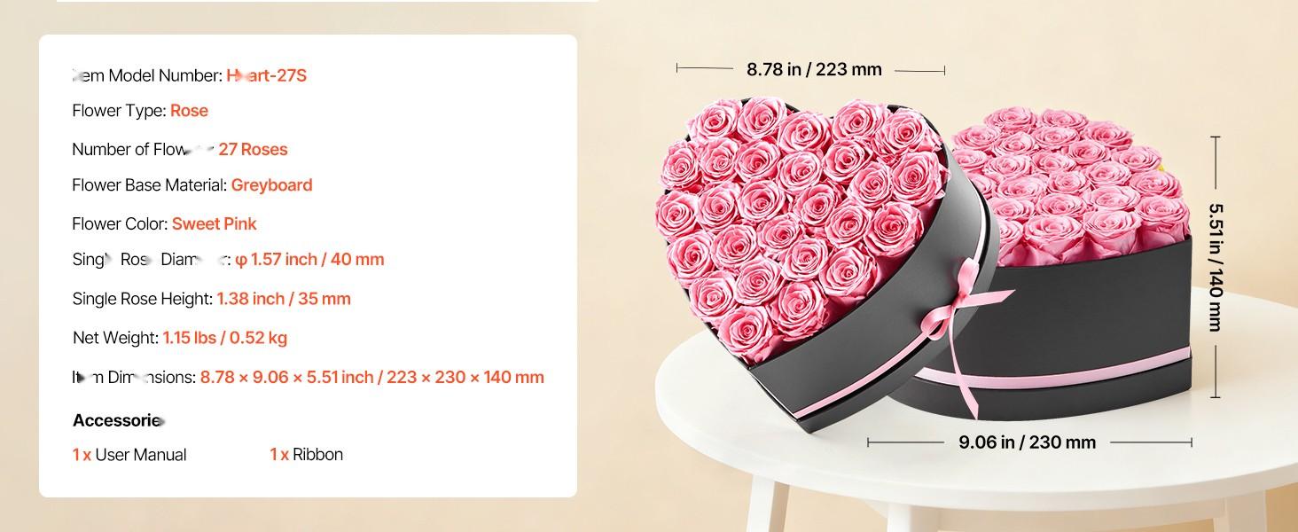 27 Preserved Roses in a Heart Shape Box - Eternal Flowers Immortal Bouquet in Pink, Long-Lasting Gift for Women, Wife, Mother, Anniversary, Valentine's Day, Birthday, Christmas Gift Idea