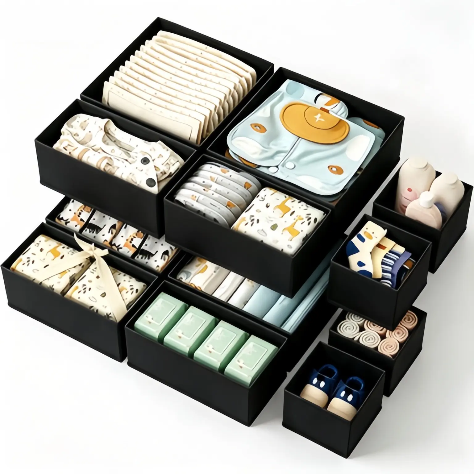 Fabric Nursery Drawer Storage Organizers Set - 6-Piece Shallow Wardrobe Dividers for Clothes, Socks - Space-Saving Boxes for Home Organization