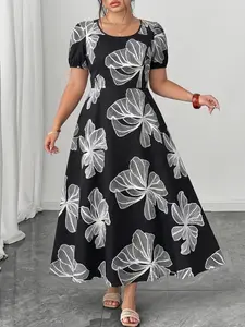 Women's Plus Size Midi Dress, Womenswear, Elegant Short Sleeve All over Print, Lightweight Comfortable, Perfect for Casual Daily Summer Wear
