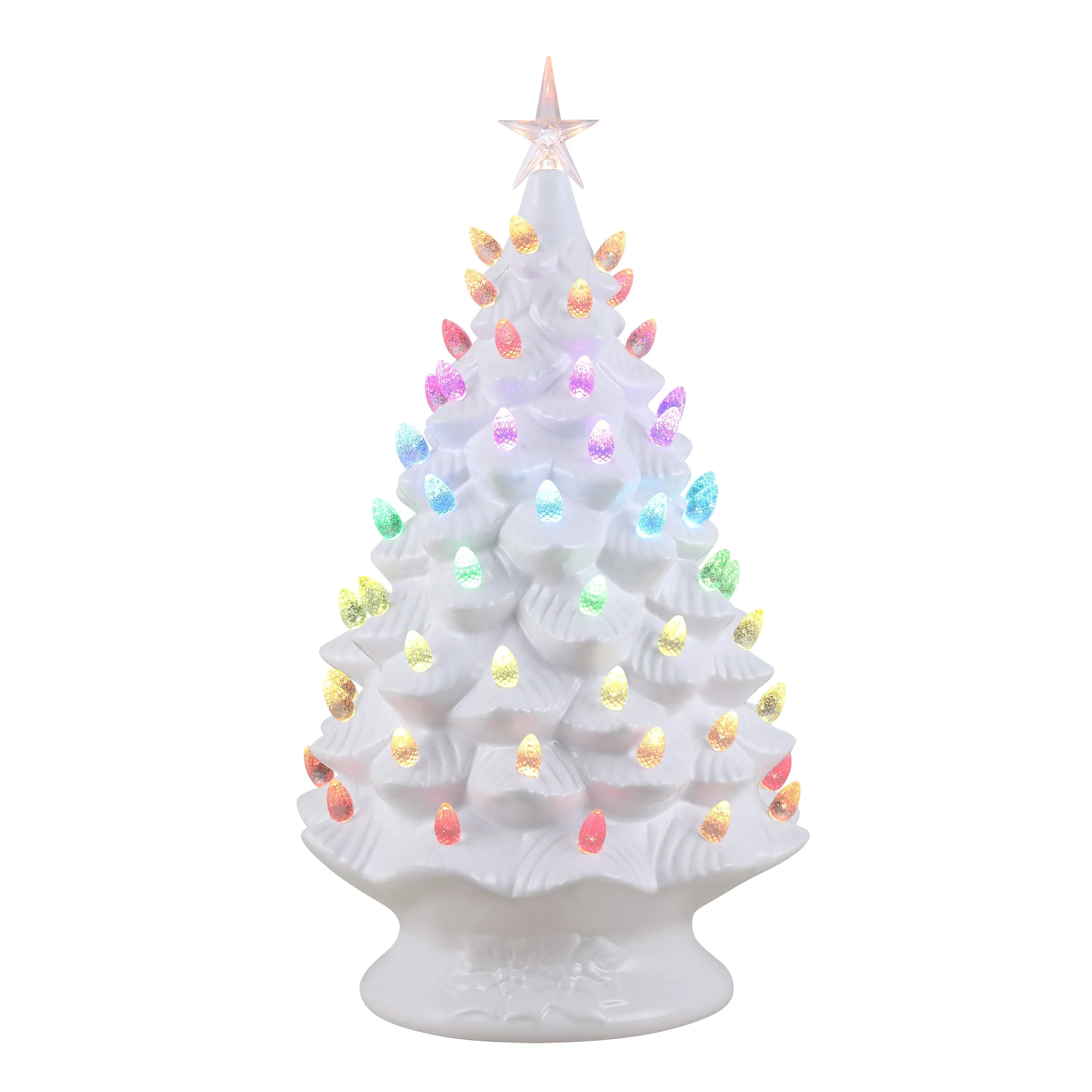 24" Tall White Nostalgic Ceramic Christmas Tree Decoration, 1-Piece LED Mood Set with Light Show, Remote Control, Colorful Lights for All Seasons