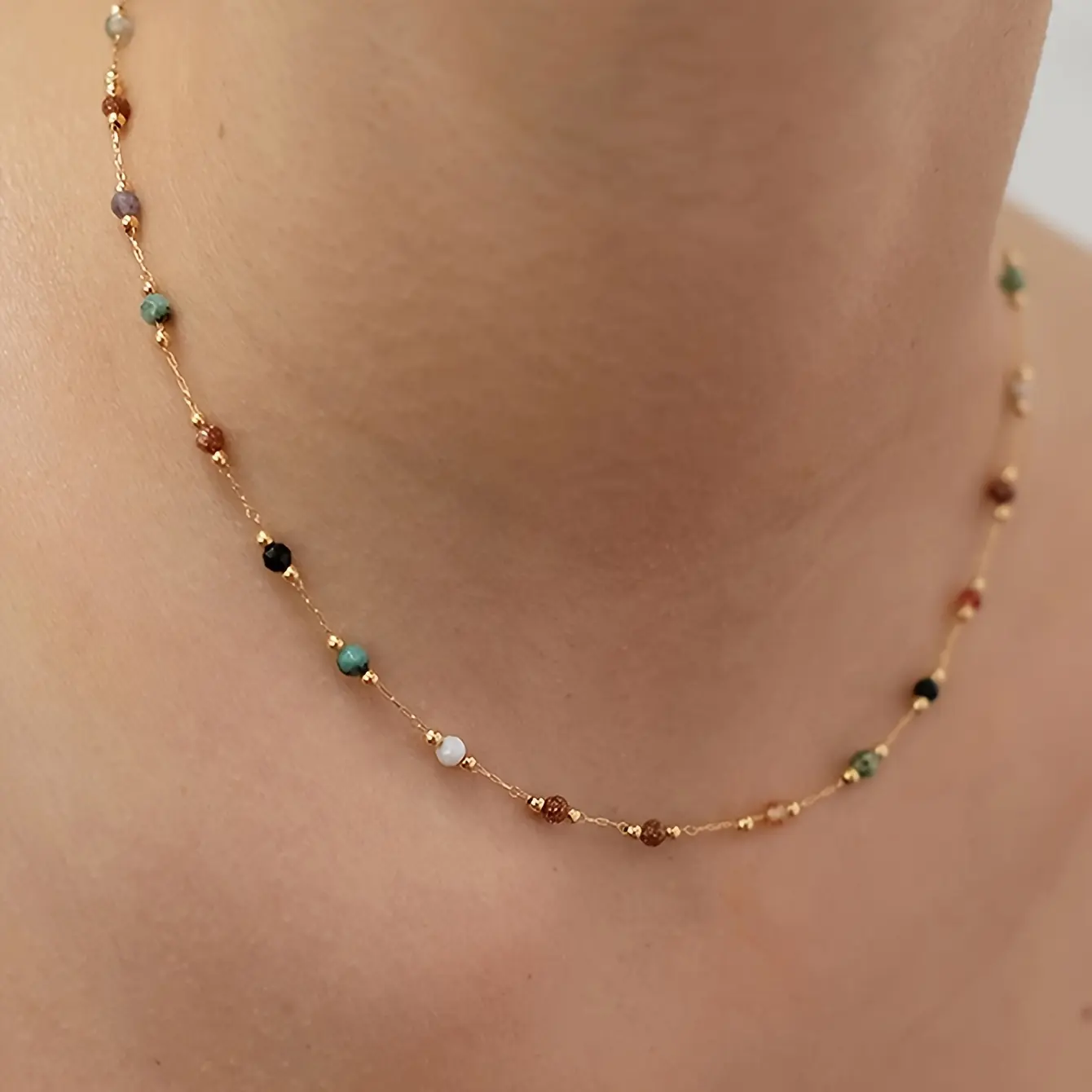 Necklaces for Women, Handmade Stainless Steel Necklace with Mixed Color Natural Stone Beads for Daily Layering chain necklace jewelry holiday gift