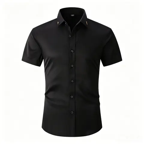 Men's Plain Short-Sleeve Buttoned Slim-Fit Top Shirt - High-End Menswear, Comfortable Fabric, Multiple Colors, Suitable for Business, Leisure Outfits