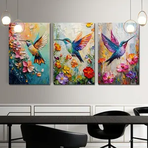 3pcs Hummingbird Canvas Frameless Art Prints, Vibrant Hummingbird Canvas Art Prints, Home Decorposters, Abstract Floral Bird Artwork for Home And Office Decor, Modern Indoor Decoration, Unique Gift Idea