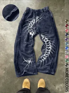 Men's Centipede Print Sweatpants, Casual Sport Trousers, Cotton Blend Soft Comfort, Washed Vintage Look, Loose-Fit Casual Style, All-Season Streetwear Essential
