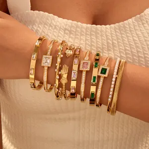 Square Zircon Bangle Bracelet for Women - 18K Gold Plated Stainless Steel, Tarnish Free Hypoallergenic Jewelry Gift