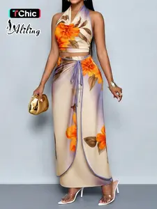 Aliling Summer Two-Piece Set Clothes for Women, Elegant Casual Floral Print Skirt, Sleeveless Crop Top and High Waist Skirt, Fitted Butterfly Knot Design