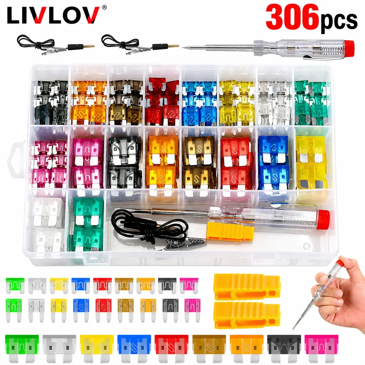 306PCS Car Fuse Assortment Kit – Blade Fuses Set with Fuse Puller & Circuit Tester for Auto Truck SUV RV 12V/24V Systems