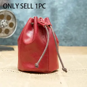 1pc Oil Wax Leather Coin Purse, mini drawstring pouch, retro beam port design, compact lightweight structure, delicate soft texture, convenient drawstring closing style, practical small item organizer for coins, earphones and tiny accessories