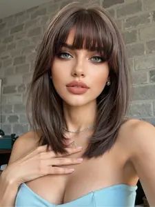 14 Inch Gradient Wig with Bangs, Shoulder-Length Straight Hair, Heat Resistant Rose Net, Natural Soft Breathable Fabric, Synthetic Material Wigs, Natural Looking Wig