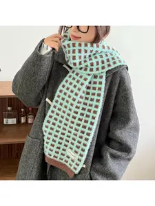 Waffle Korean-style Plaid Knitted Scarf for Women, High-End Feel, Warm Cashmere-Like Winter Neck Warmer