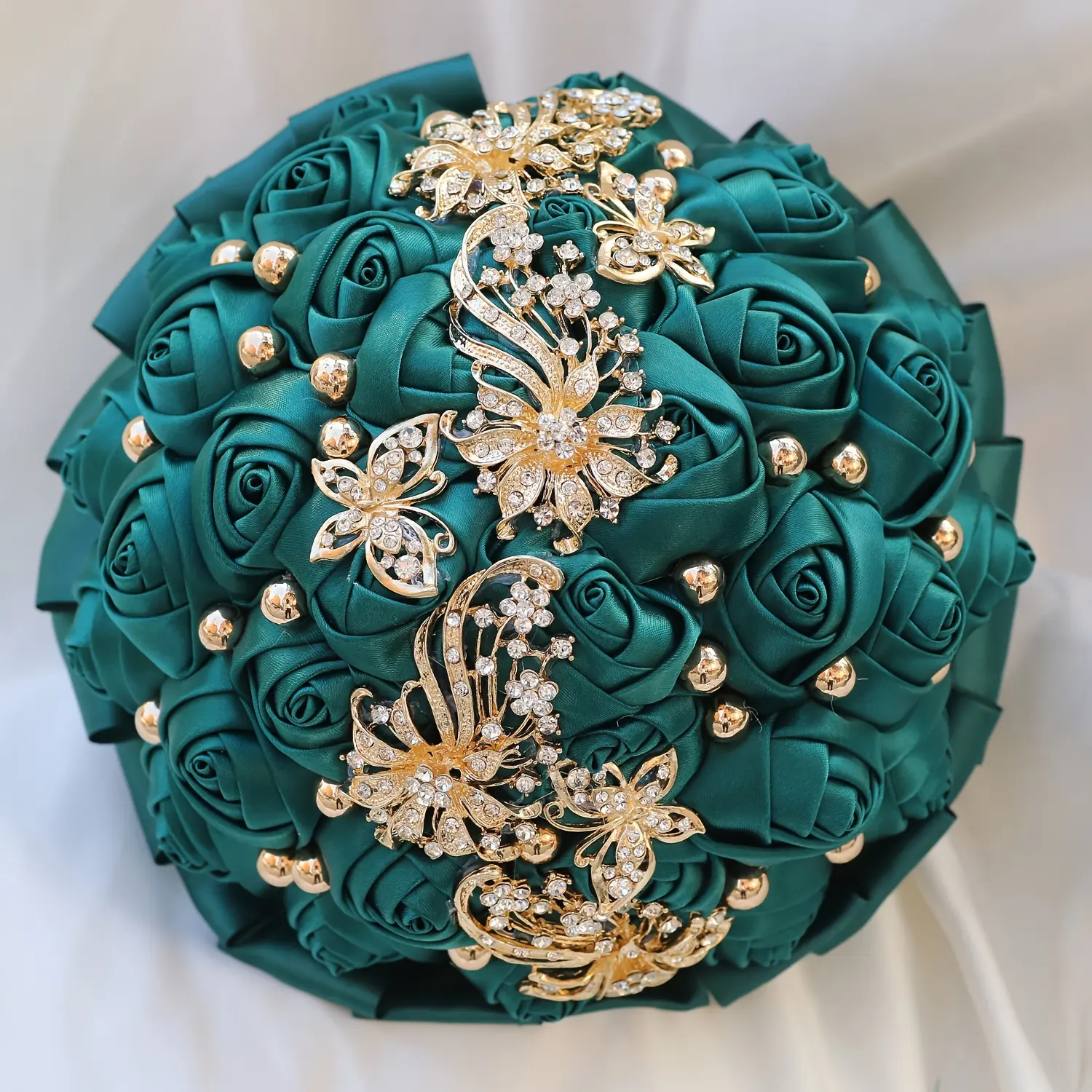 Glamorous Bridesmaid Bouquet: Rich Red Velvet Roses with Crystal and Pearl Accents - Perfect for Wedding Parties