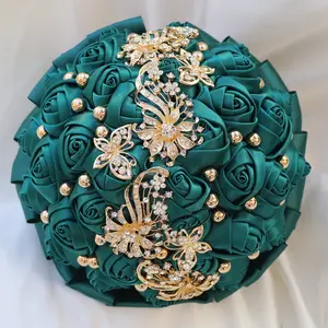 Glamorous Bridesmaid Bouquet: Rich Red Velvet Roses with Crystal and Pearl Accents - Perfect for Wedding Parties