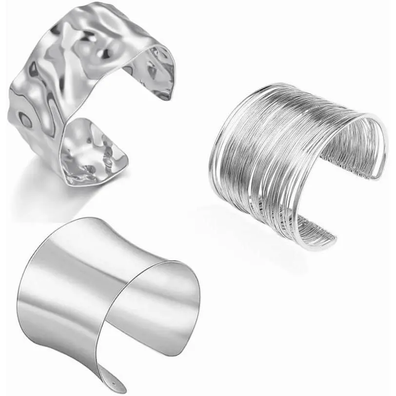 3pcs Silver Cuff Bracelets Set for Women, Modern Minimalist Chunky Costume Jewelry, Wide Open Irregular Statement Bangles, Casual, Female, Synthetic, 2Pcs Chunky Bracelets-1
