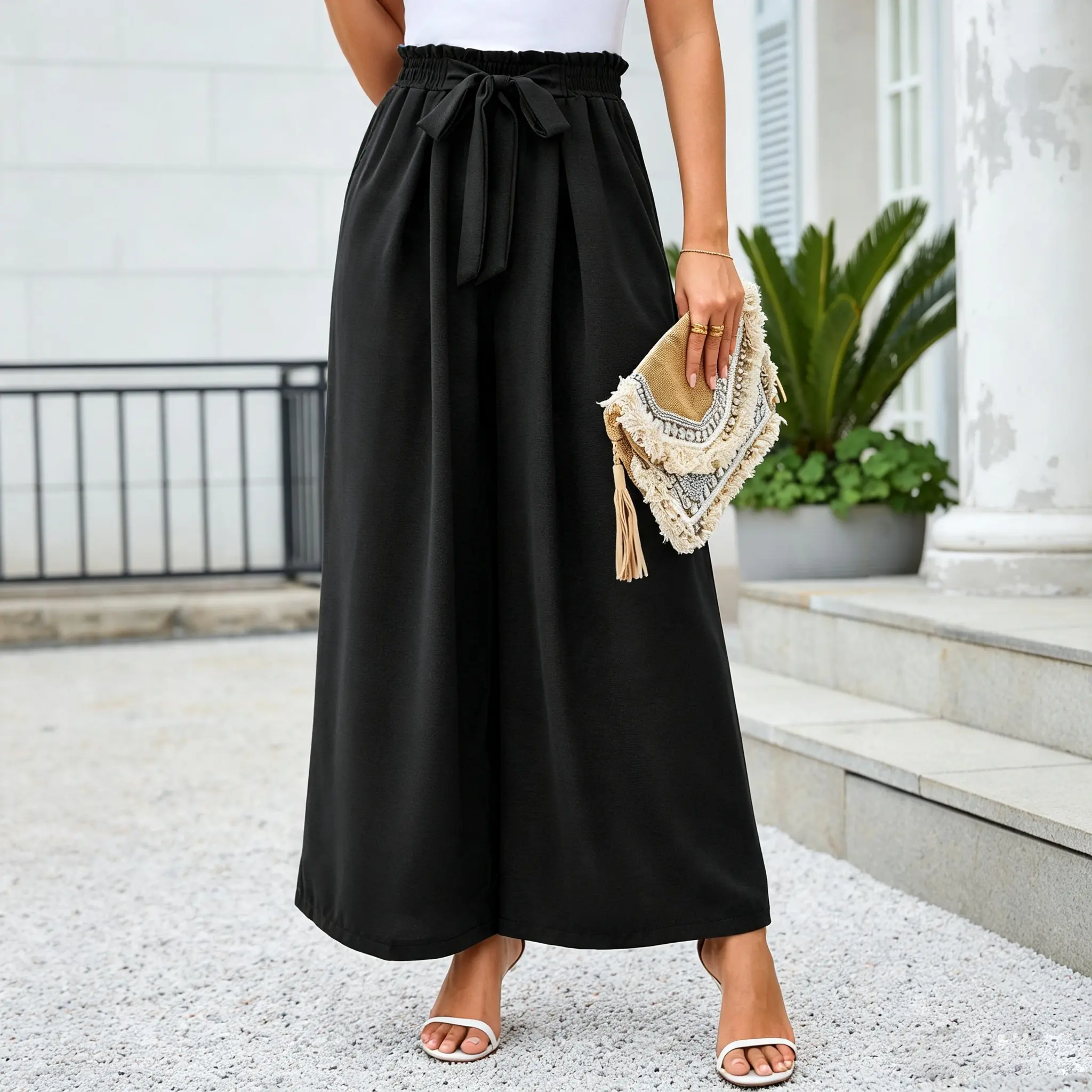 YESFASHION Women's High Waisted Ruffled Soft Polyester Paperbag Pants - Adjustable Belted Broad-Leg Essential Style Business Casual Trousers with Pockets for Beach, Cocktail Occasions Elegant XYZ