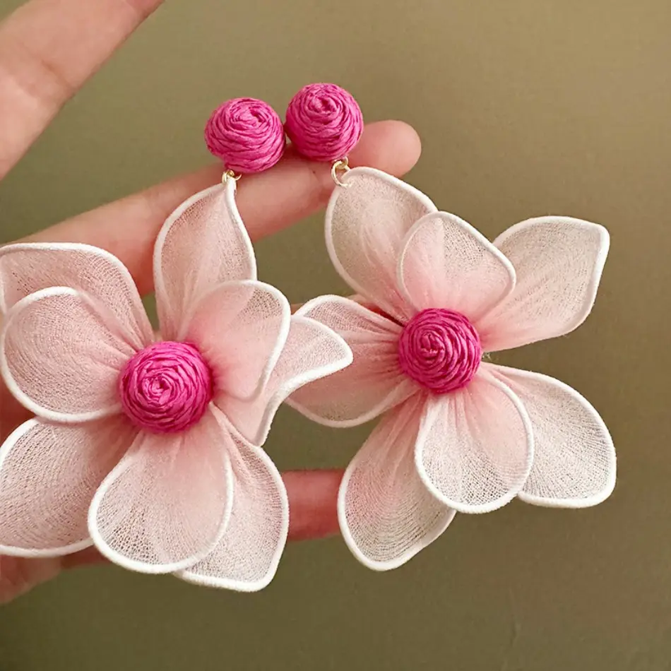 Women Fashion Earrings, Oversized Flower Earrings, Pink Mesh Large Flower Earrings, Exaggerated Unique Niche Aesthetic Design, Lightweight Statement Jewelry, Ideal for Beach Trip, Seaside Party, Travel, Photoshoot and Summer Daily Wear