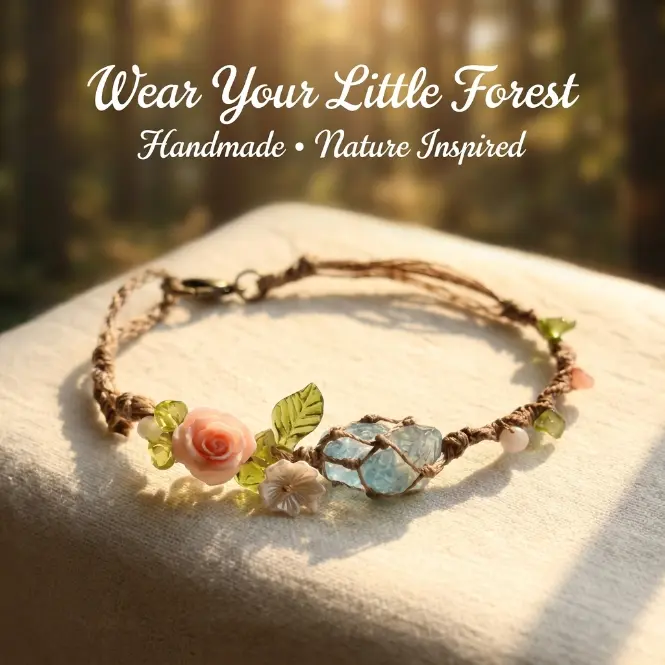 Fairycore Flower Bracelet for Women, Handmade Woven Nature Inspired Bracelet with Floral Leaf Charms, Cottagecore Jewelry Gift