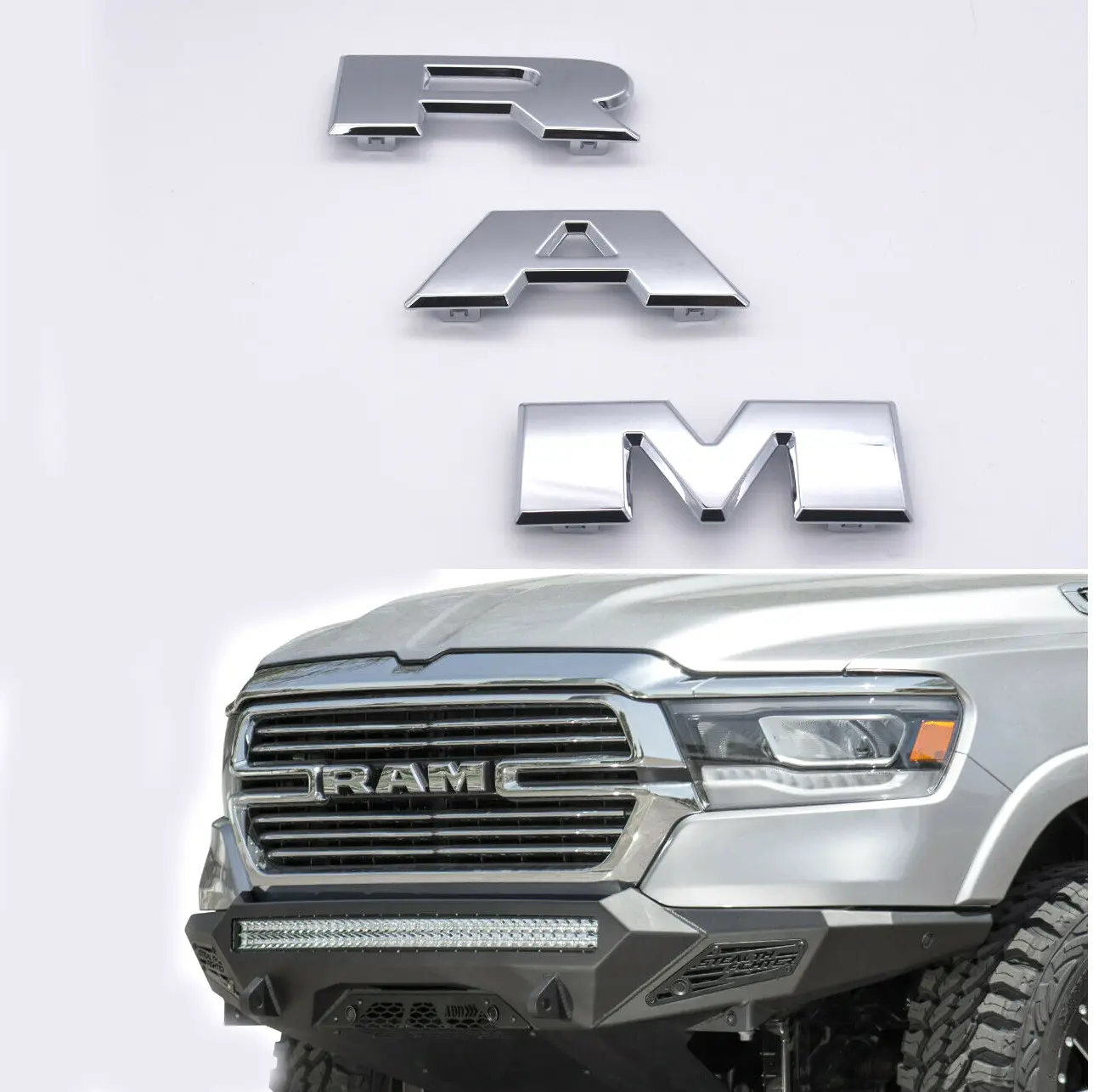 RAM Grille Front Emblem Badge, Truck Accessories for 2019-2024 RAM 1500, Part No. 68298470AA, Black Red Chrome, 1-Pack ABS Material, 5.5 in x 2 in R Badge Mount