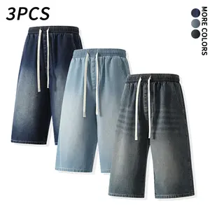 3-Pack Vintage Gradient Denim Jorts, Men's Wide Leg Capri Jeans with Drawstring, Casual Streetwear, Summer vibe