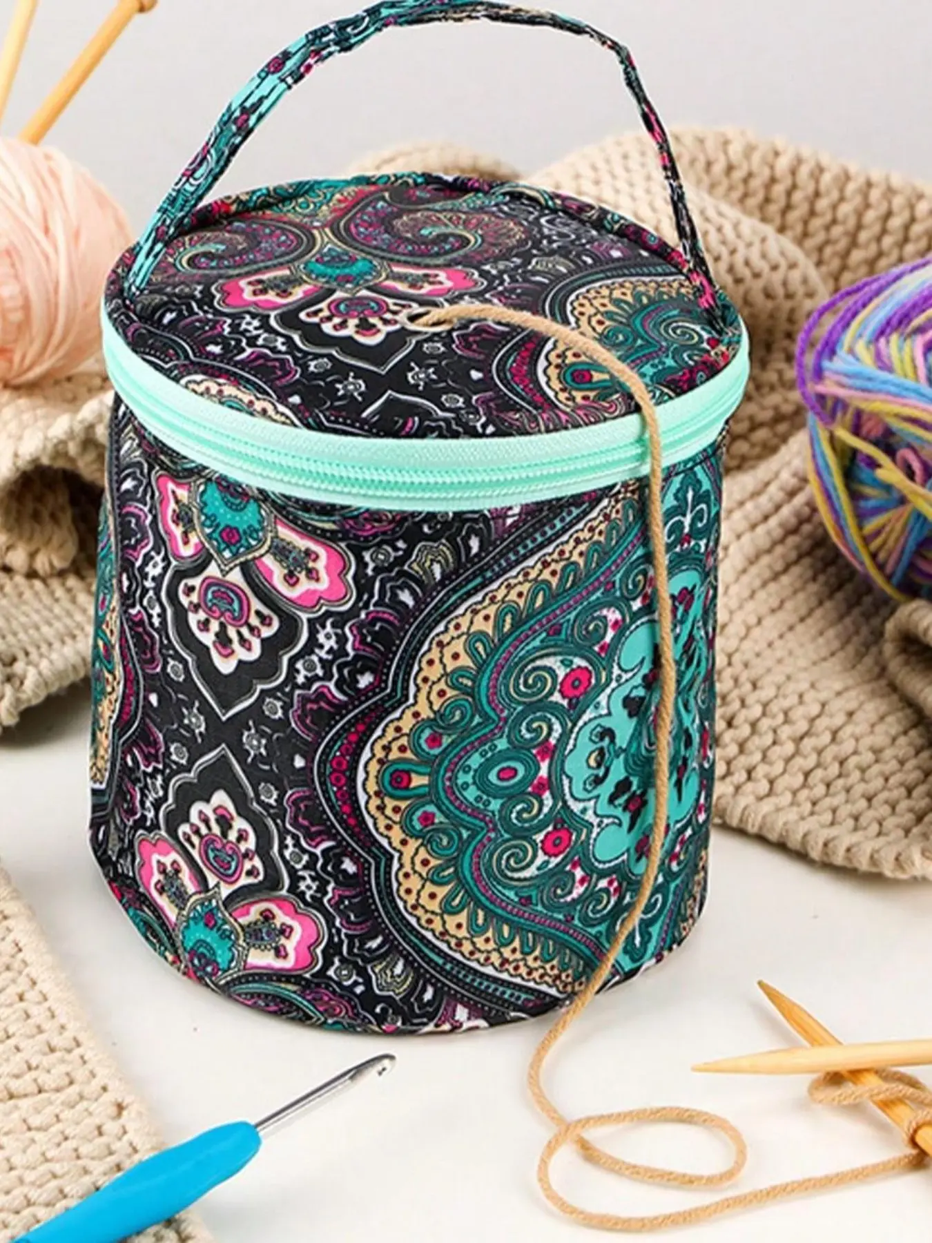 Crochet Hook Storage Bag, Knitting Tool Organizer, Portable Bucket Bag, Boho Style, All over Print, Handmade Craft Carrier, Travel Essential