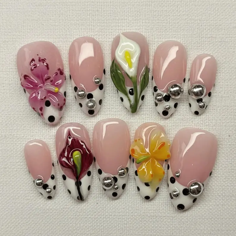 Spring Blossom Press On Nails, 3D Flower Garden Nails, Handmade Polka Dot French Tip, Custom Botanic Nail Design