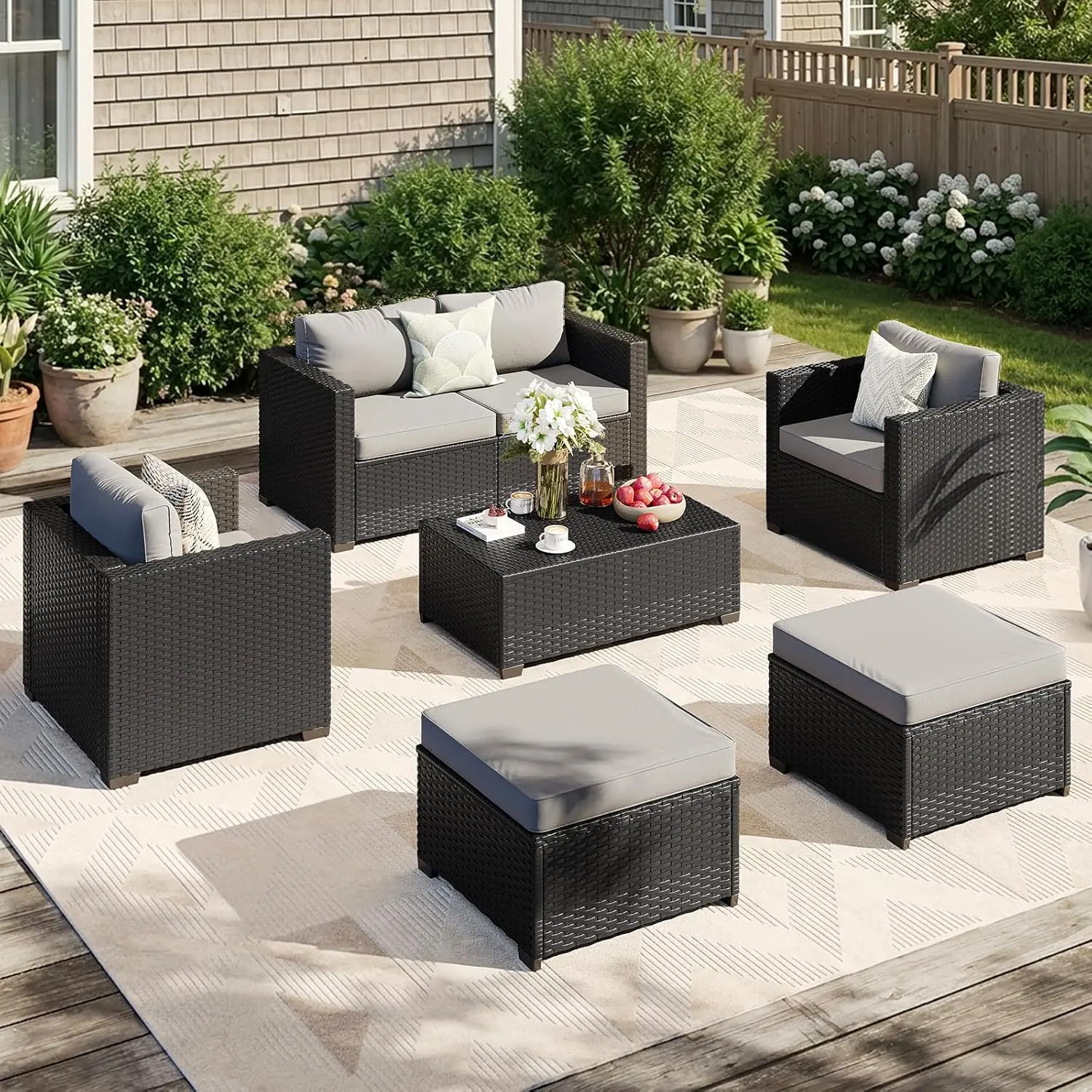 LazySunsets 6-Piece Rattan Wicker Outdoor Furniture Set, Patio Sectional Set with Thick Cushions, Ottomans & Waterproof Cover, for Garden, Backyard (Grey)
