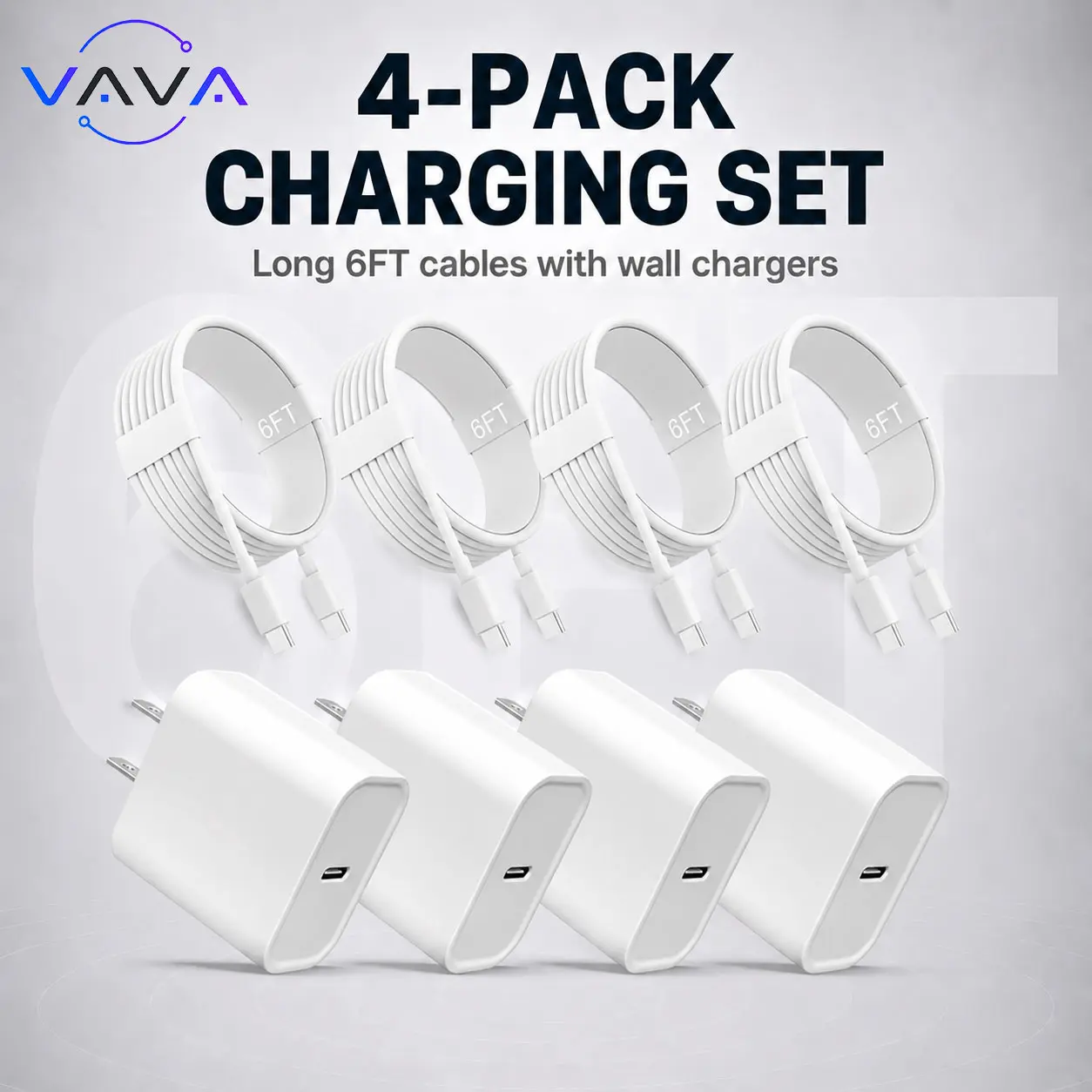 20W 4-Pack Super Fast Charger Set USB-C Wall Charger: Compatible with iPhone 16/15 series, supporting fast charging for Apple devices. 6-Foot USB-C Charging Cable: Works with iPhone 16 Pro Max, iPhone 15 Plus, iPad Pro, iPad Air, and iPad Mini.