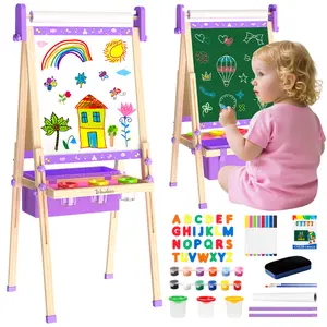 【Kids Easel】Easel for Kids,Adjustable Wooden Kids Art Easel with Paper Roll,Double-Sided Magnetic Toddler Easels,Dry Erase Whiteboard and Chalk Board,Toys for 3 4 5 6 7 8 9 10 Year Old Girl Boy Gift