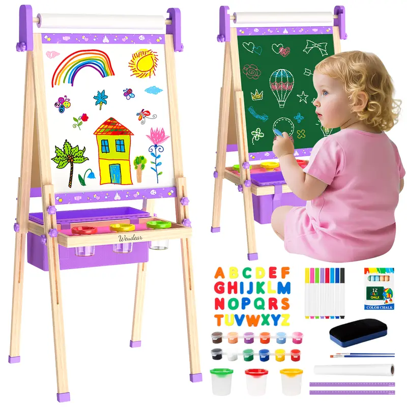 【Kids Easel】Easel for Kids,Adjustable Wooden Kids Art Easel with Paper Roll,Double-Sided Magnetic Toddler Easels,Dry Erase Whiteboard and Chalk Board,Toys for 3 4 5 6 7 8 9 10 Year Old Girl Boy Gift