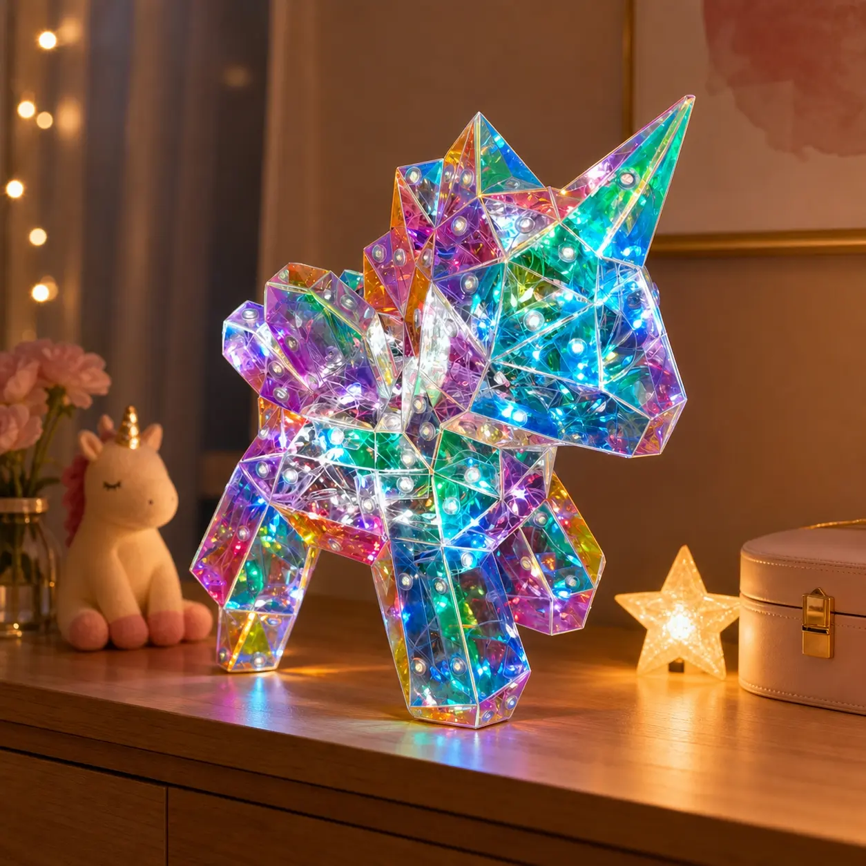 Light up your room with this USB unicorn lamp—a dazzling LED decoration perfect for shelves, desks, bedrooms, or parties. It makes a cute, dreamy gift for girls, featuring brilliant colors that are sure to catch the eye.
