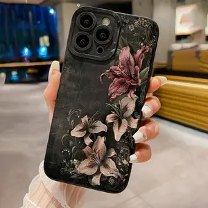 Dark lily pattern, drop-proof and non-slip TPU full-coverage lens phone case, compatible with iPhone 17, 16, 15, 14, 13, 12, 11, XS, X, Samsung and other models. Makes a great gift for friends or family.
