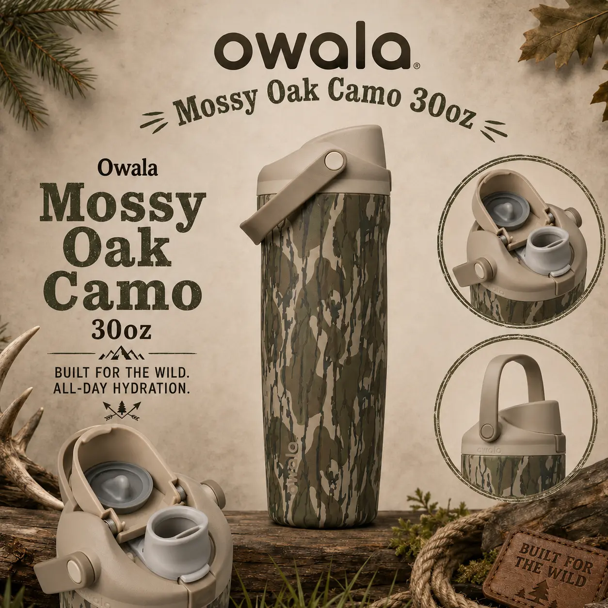 Owala Mossy Oak Camo 30oz FreeSip Sway Insulated Stainless Steel Bottle for Hunting, Fishing, Camping, Work & Road Trips