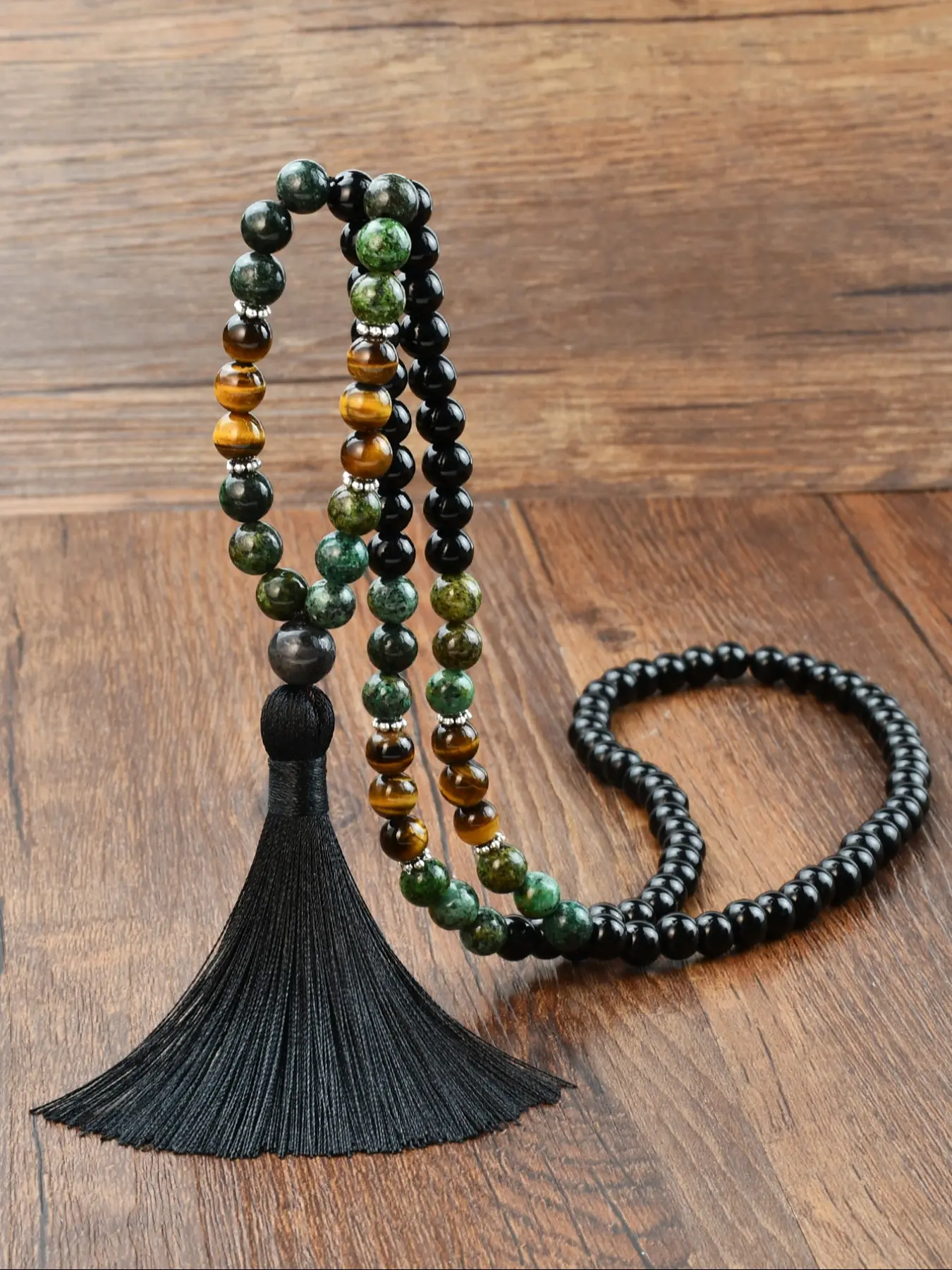 Vintage Boho Handmade Beaded Necklace, Fashion Necklace, Statement Necklace, 108 Natural Stone Long Pendant, Colorful Tassel Chain, Artistic Style, All Seasons Jewelry, Exquisite Jewelry Gift