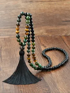 Vintage Boho Handmade Beaded Necklace, 108 Natural Stone Long Pendant, Colorful Tassel Chain, Artistic Style, All Seasons Jewelry