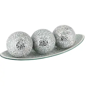 Centerpiece Bowl and Balls Set, Mosaic Glass Tray with 3 Pieces Spheres Mosaic Orbs for Home Decor