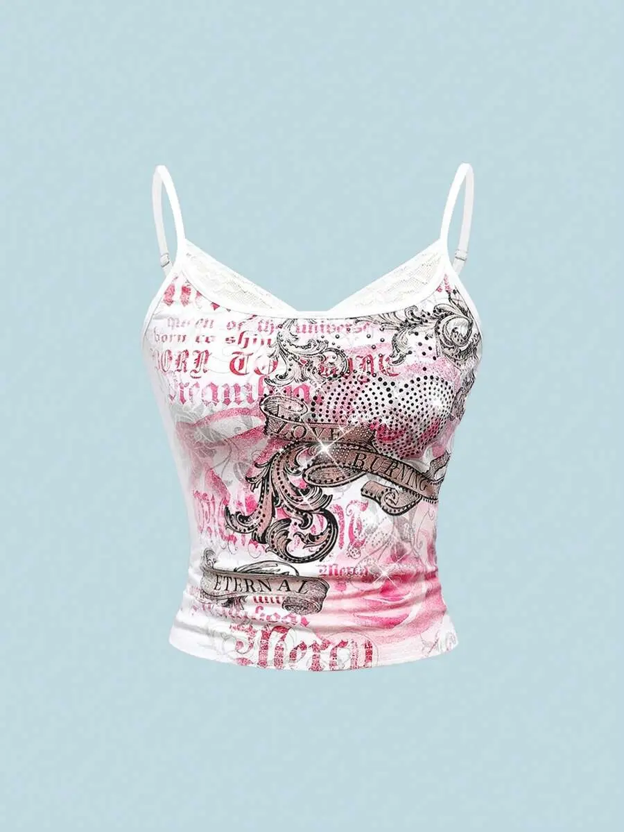Women's Y2K Grunge Rose Heart Rhinestone Crop Tank Top - Vintage Floral Graphic, Slim Fit, Summer Concert Festival Wear