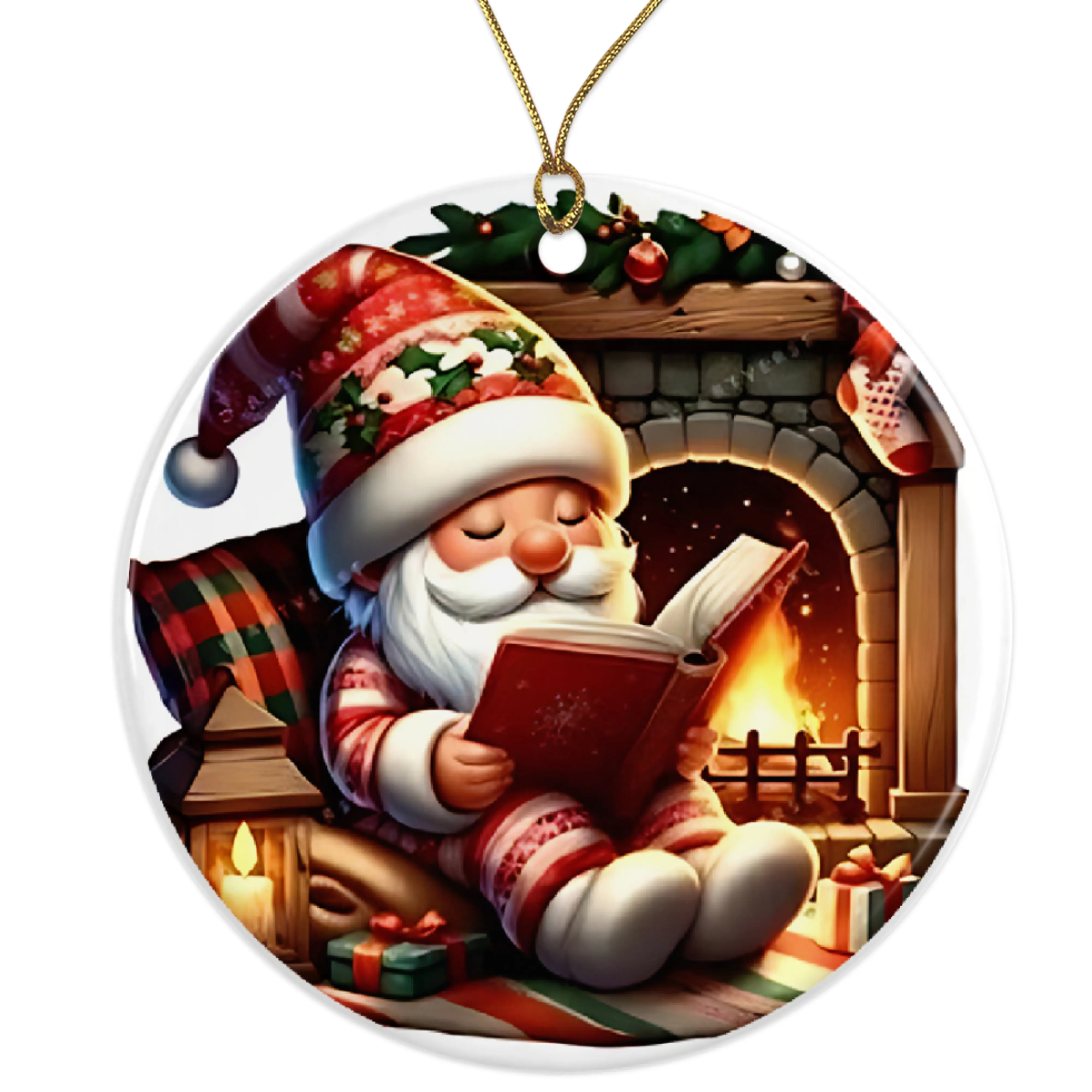 Santa Reading by Fireplace Ornament - Christmas Decoration - Cute Holiday Gift Idea - Festive Santa Claus Ornament Ceramic Ornament - 3 Inch Christmas Tree Round Ornament - Xmas Holiday Decor - String Included - ORNW0275