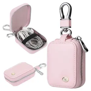 Portable PU Leather Earbud Carrying Case, Small Protective Storage Bag with Mesh Pocket & Keychain for Wireless Earphones & USB Cables