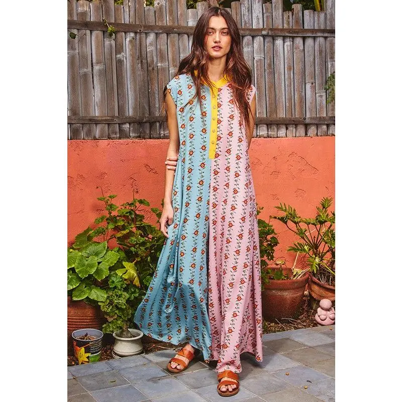 Wide Leg Floral Print Woven Jumpsuit Mauve/Teal