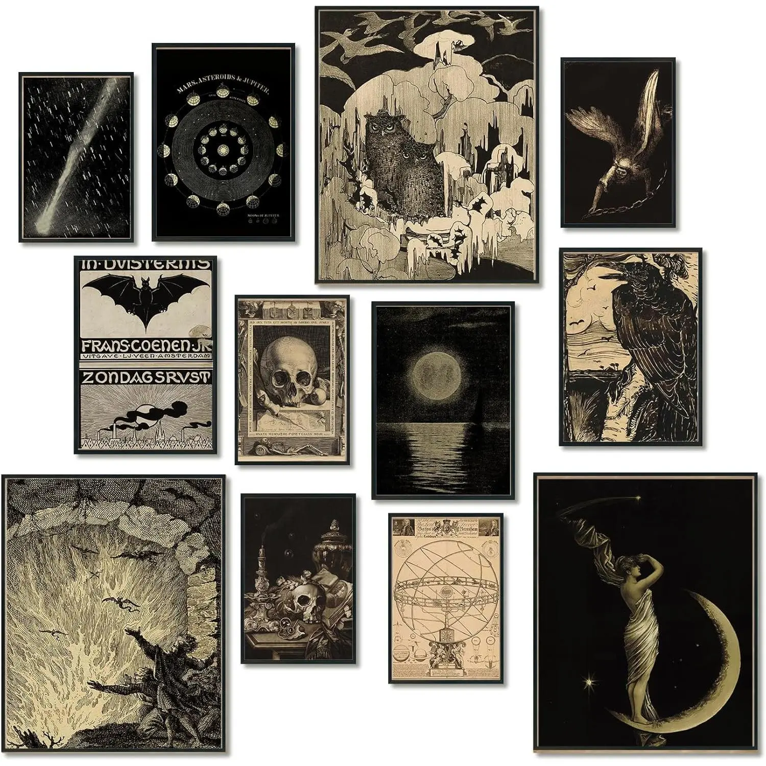 P-OMT013 12PCS Unframed Gothic Moody Artistic Cardboard Wall Posters - Dark Academia Ghost-Vampire Aesthetic, Multi-Size, Fade Resistant, 3pcs 8x10 Inches, Home Decor Products, Decor Inspo for Dorm Hanging